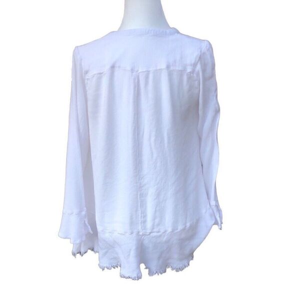 Silver Jeans Co Bell Sleeve Split Neck Raw Hem Peasant Top Women’s Sz Small - Picture 4 of 7